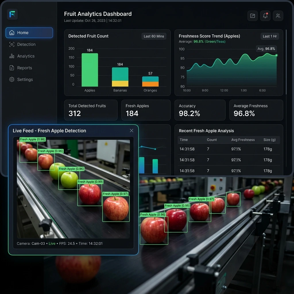 Real-Time Fruit Quality Detection system using YOLOv8 showing fresh vs rotten fruit classification
